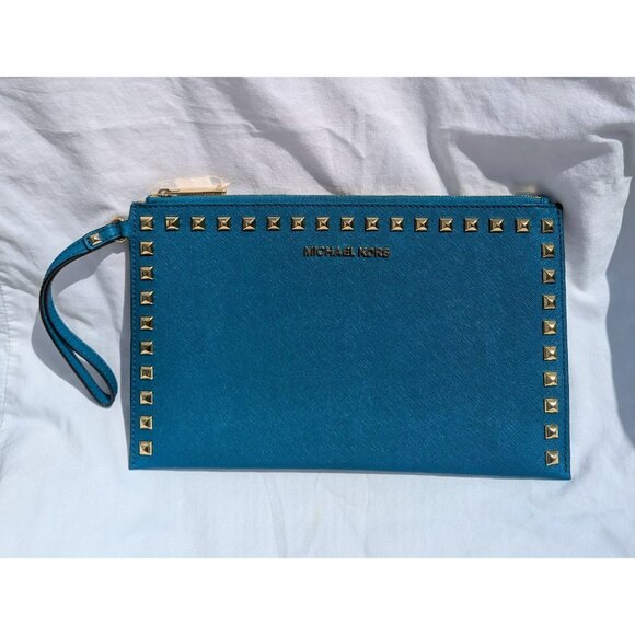 Michael Kors Crossgrain Leather Studded Large Clutch Wristlet Pouch Teal Gold - Picture 1 of 12